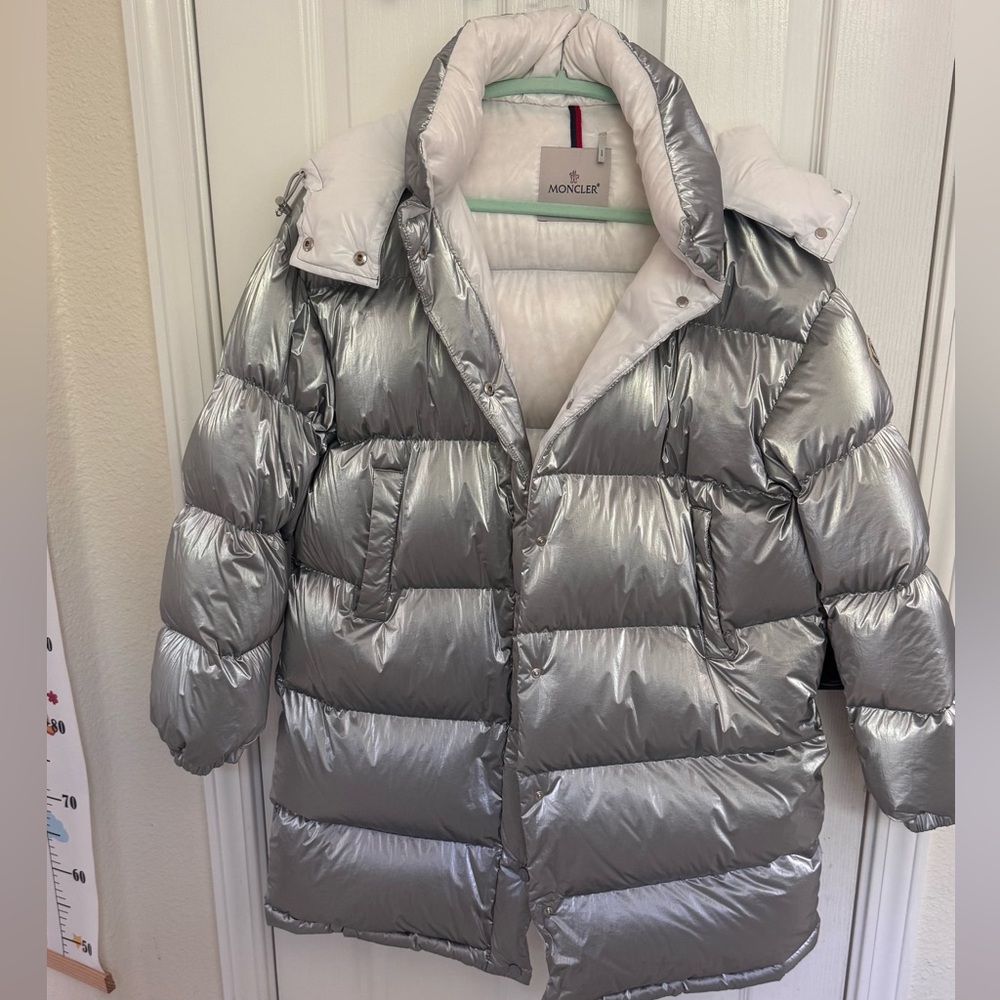 Moncler Silver Puffer Jacket with High Collar